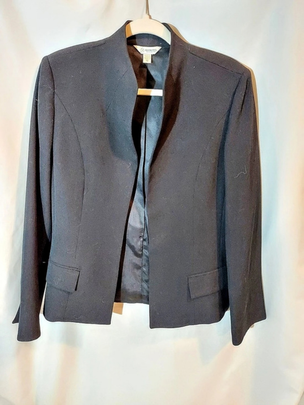 Austin Reed Vintage 100% Worsted Wool Collarless Blazer Open Front Black 12
